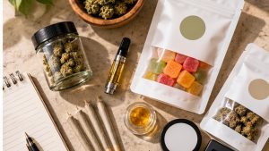 Illustrative cannabis product packages and comparison checklist