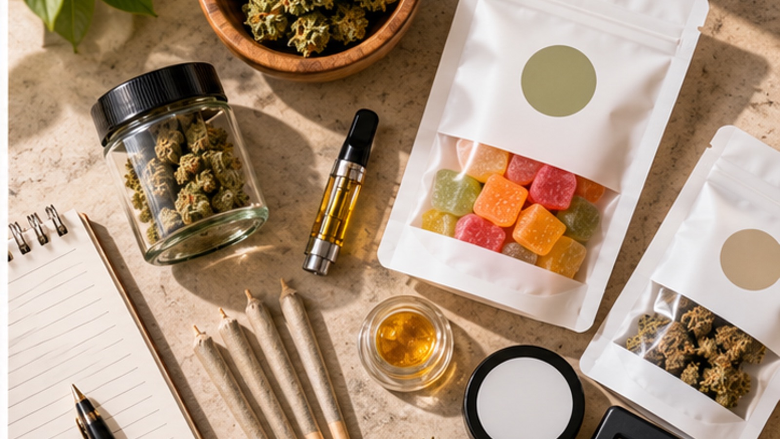 Illustrative cannabis product packages and comparison checklist