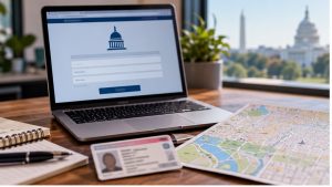 Laptop showing an online registration form next to a photo ID and a Washington DC map, with the Capitol in the background