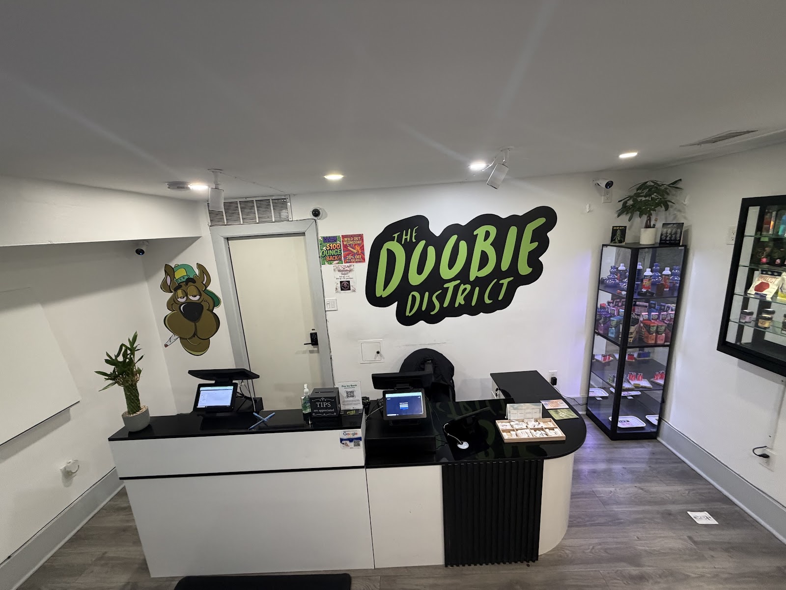 Inside Doobie District: the service counter, display cases and logo on the wall