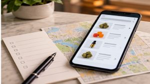 Smartphone showing a cannabis menu next to a printed checklist and a Washington DC street map