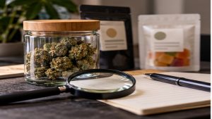 Jar of cannabis flower and packaged gummies on a desk with a magnifying glass and notepad, representing reading product labels